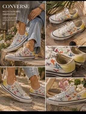 Converse White Low-Top Sneakers with Multicolor Bird Embroidery